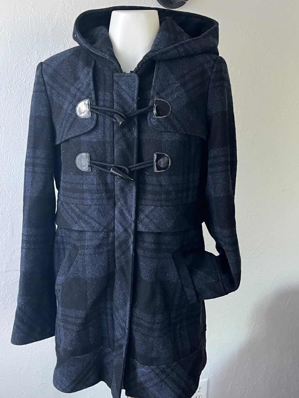 Guess Black Hooded Wool-Blend Pea Coat with Toggle Closures